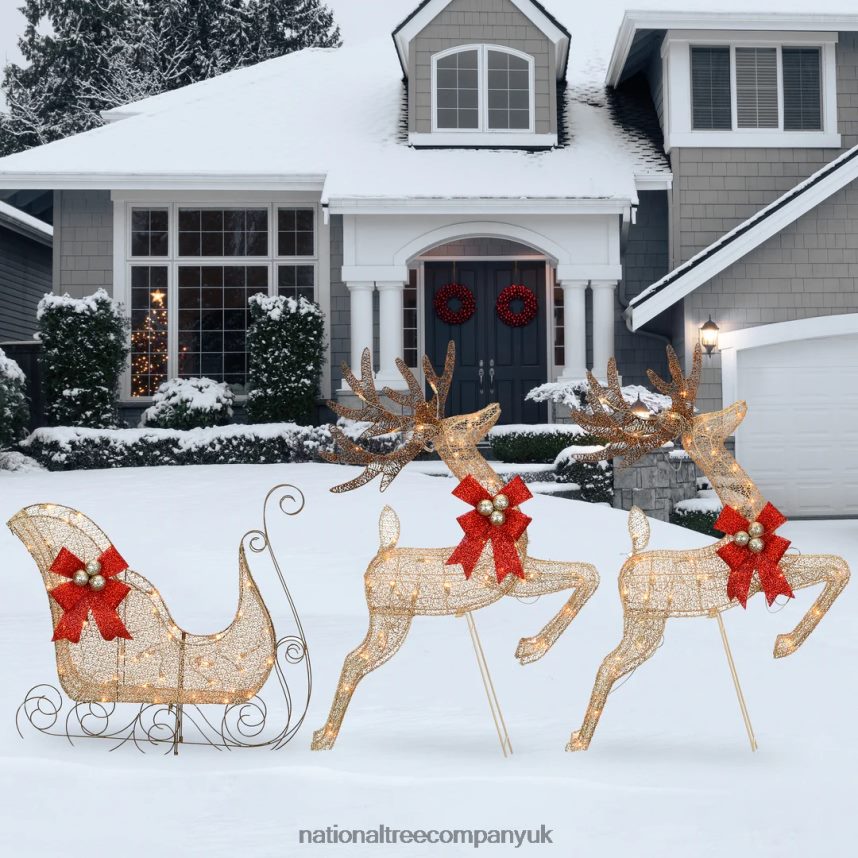 decoration | National Tree Company Champagne Reindeer and Sleigh with Clear Lights F2L4F609